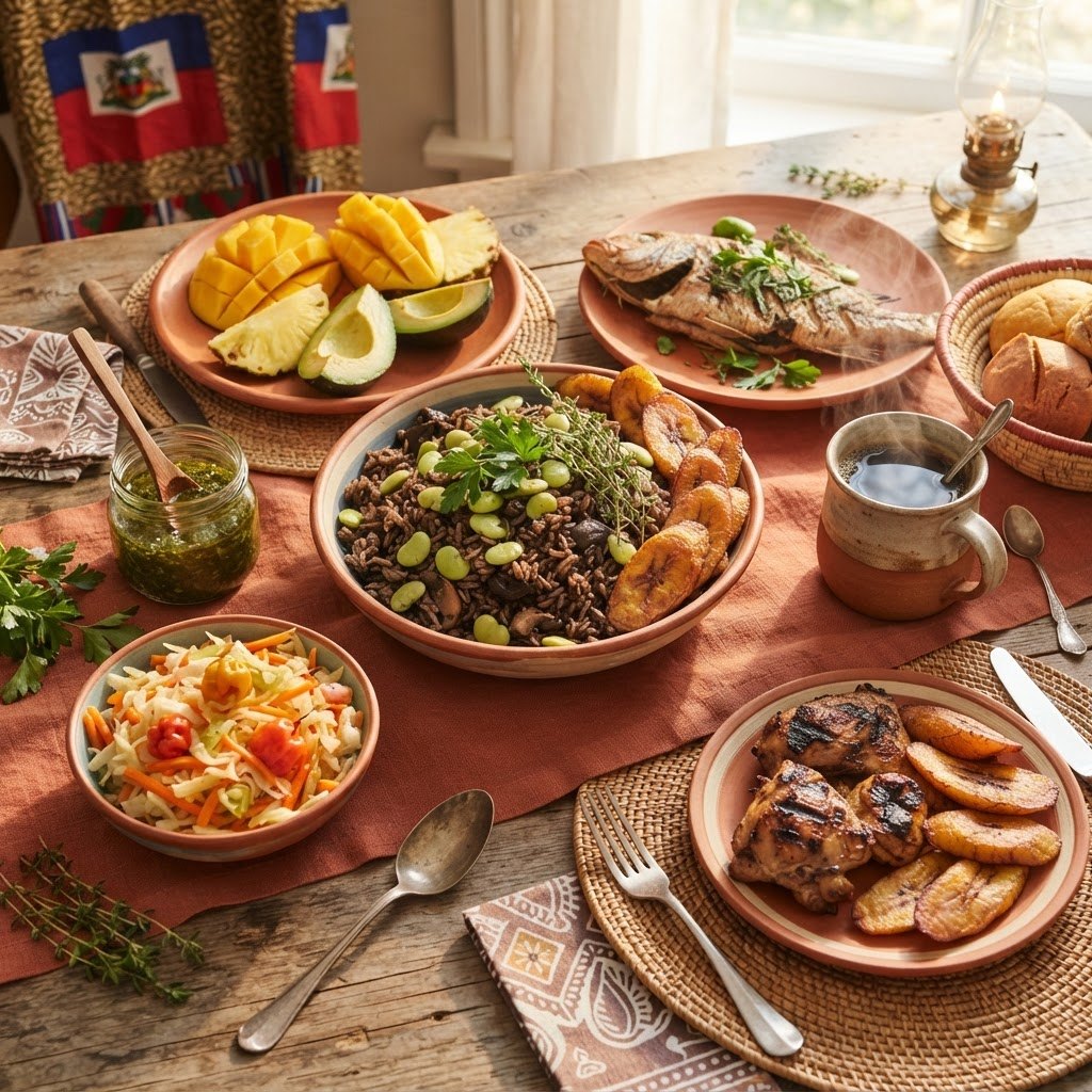 A warm spread of Haitian foods and seasonings on a rustic table